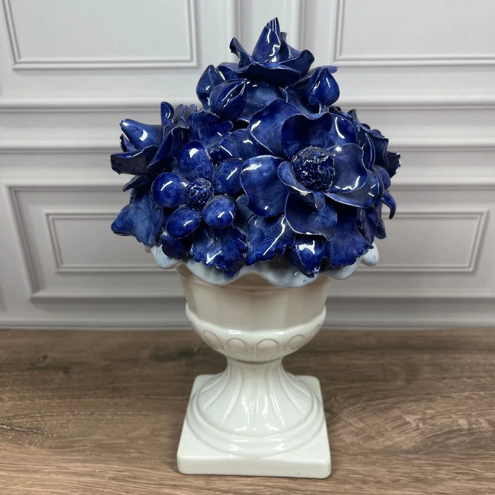 Italian Ceramic Floral Centerpiece Urn Blue White Roses Anemones Hand-Painted